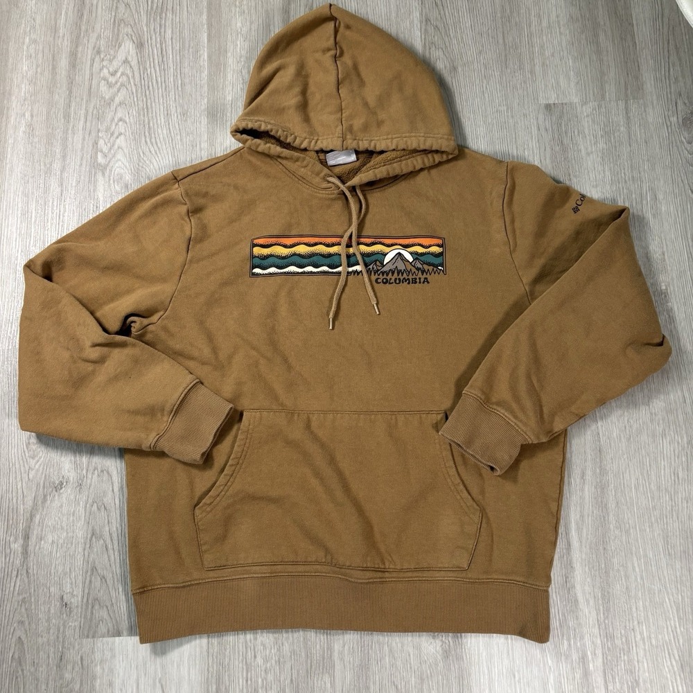 Columbia Men's Pullover Hoodie Tan Vibrant Colorful Mountains M